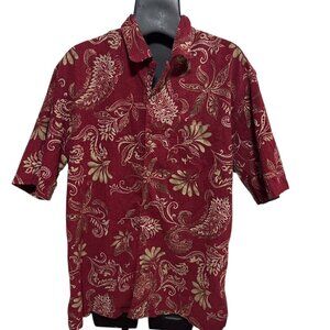 Caribbean Men’s Large Maroon Leaf Print Short Sleeve Shirt 2000s Cotton Blend